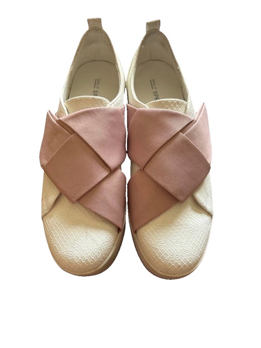 Call It Spring Platform Sneakers White Snakeskin Blush Pink Elastic Cross Strap